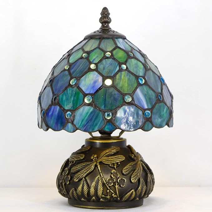 Small Tiffany Table Lamp Stained Glass Desk Lamp 8X8X11 Inch Accent Antique Light (Sea Blue Pearl)