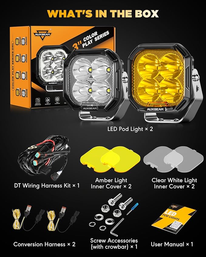 Auxbeam 3 Inch LED Pod Lights, Color Play Series Offroad Driving Light with Amber White DRL & Turn Signal 11600LM 100W Square Spot Beam Fog Ditch Lights for Truck Jeep ATV UTV, White Amber Covers
