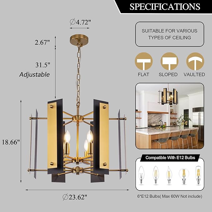TOCHIC Black and Gold Chandelier, 6 Lights Farmhouse Geometric Pendant Chandelier Industrial Metal Light Fixture for Dining Room Hallway Entryway Kitchen Island Bedroom Foyer Bar, 23.6"
