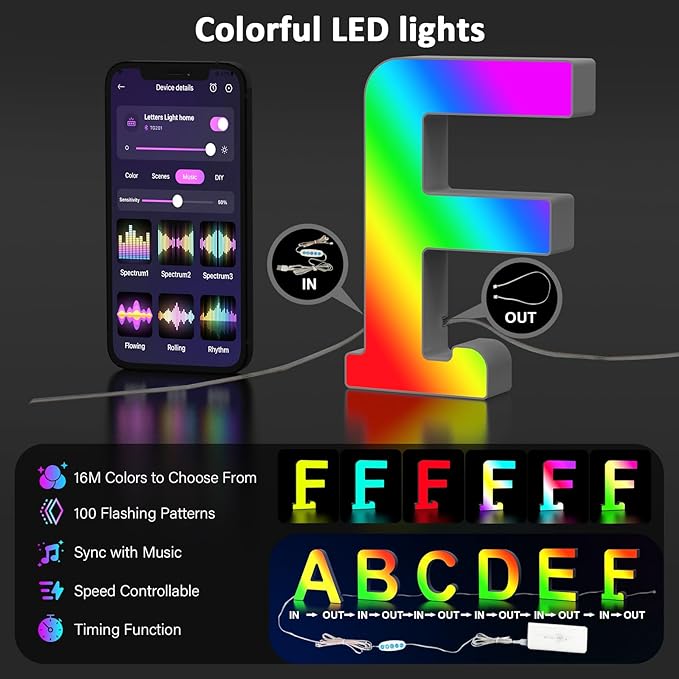 Light Up LED Letter Lights – USB Powered Color Changing Alphabet Sign, APP Controlled Night Light for Bedroom, Party, Birthday, Christmas & Valentine Decorations,F