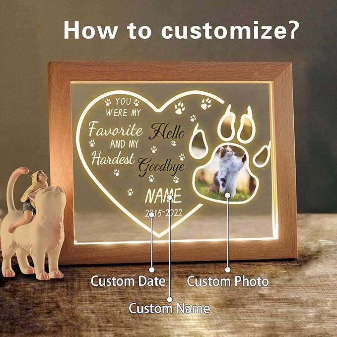 Custom Pet Memorial Night Light with Picture Frames Personalized Acrylic Plaque Dog Sympathy Gift with Photo Name Date for Loss of Dog Cat Pet(H-Cat Paw Heart)