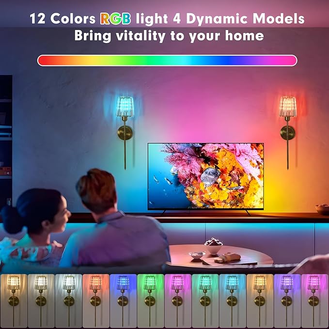 Crystal Battery Operated Wall Sconces Set of 2, Gold RGB Rechargeable Wireless Wall Sconce with Remote for Wall Decor Bedroom Living Room 2 Bulbs Included