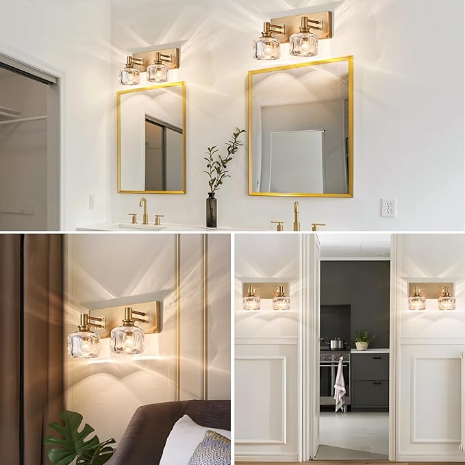 Bathroom Vanity Light Over Mirror 13.4" Vintage Crystal Glass Vanity Light 2 Lights Brass Antique Bathroom Light Fixtures(7.7 pounds