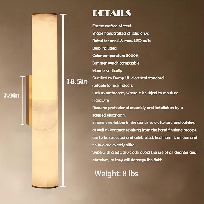 Alabaster Wall Sconces, 18.5" Modern Bathroom Vanity Sconces, Brass Alabaster Sconce Wall Lighting, Gold Wall Light Fixtures Decor for Bedroom Living Room Staircases