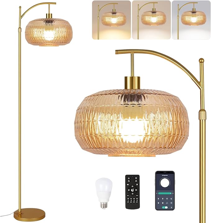 Glass Floor Lamp for Living Room,Bedroom,Gold Dimmable Standing Lamp with Remote,Mid Century Modern Brass Tall Lamp Retro Vintage Lamp Floor Light Boho Bohemian