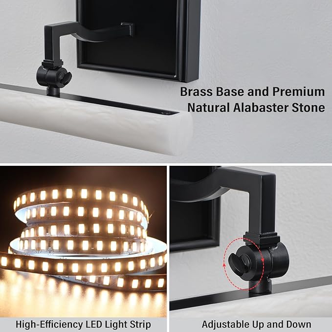 2-Pack 12" Alabaster Picture Light, Black Hardwired Wall Sconce Bathroom Mirror & Paintings, Adjustable Vanity Light Natural Alabaster LED Light Fixture for Hallway Bedroom Living Room