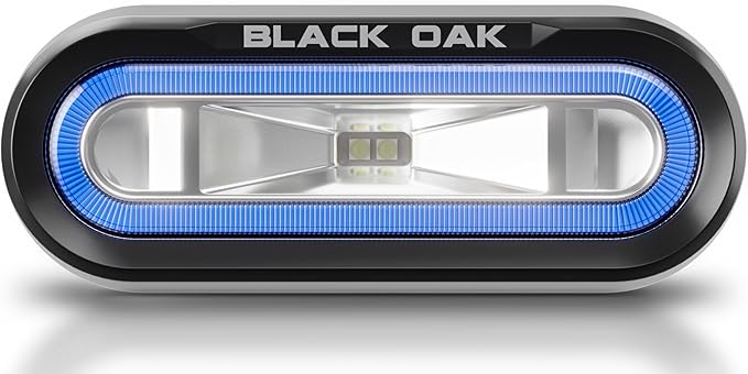 Black Oak Low Pro™ Waterproof Marine Spreader Lights – LED Deck or Dock Light Bar, 2000 Lumens, 120° Beam, IP69K, Bracket Mount (Black Housing, Blue Halo)