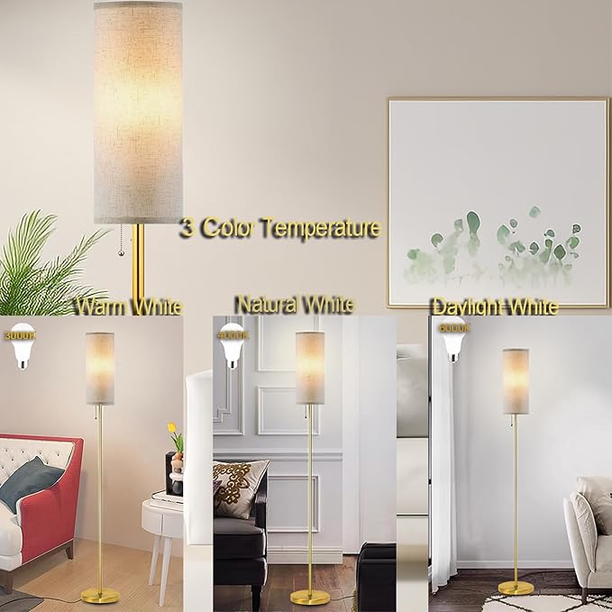 Modern Floor Lamp for Living Room, Gold Standing Lamps with 3 Color Temperatures Bulb, Minimalist Tall Lamp with Chain Switch for Bedroom, LED Bulb Included(Beige Shade+Gold)