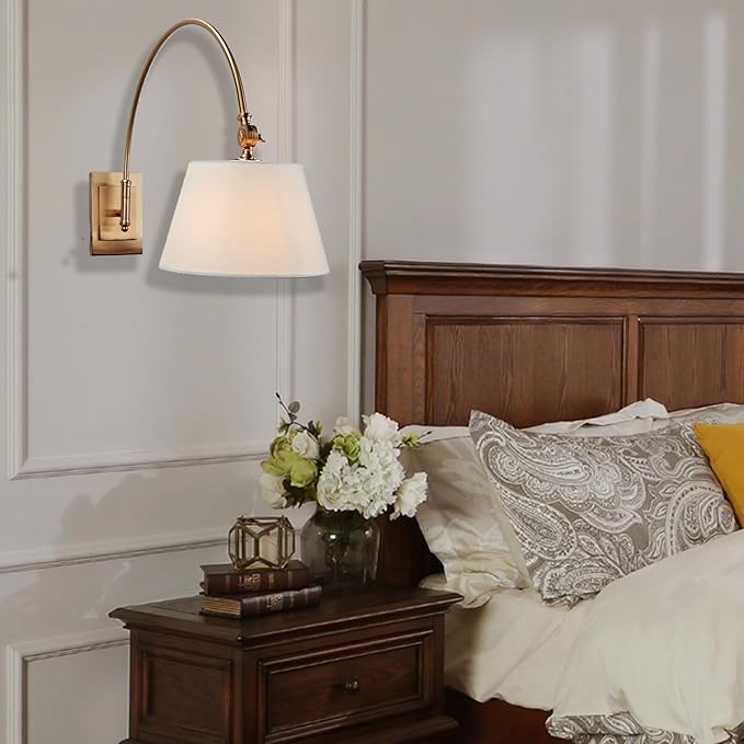 Antique Brass Swing Arm Wall Lamp, Classic Adjustable Reading Light with Fabric Shade for Bedroom Living Room