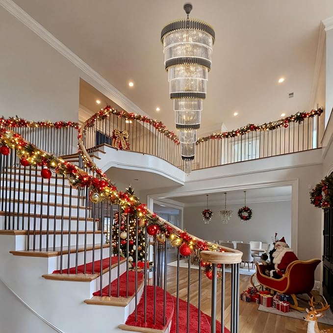 Extra Large 9-Tier Black and Gold Chandelier Long Staircase Chandeliers Luxury Empire Crystal Chandelier Lighting for High Ceiling Foyer Entryway Grand Hotel Lobby 31-Light H84 x W40