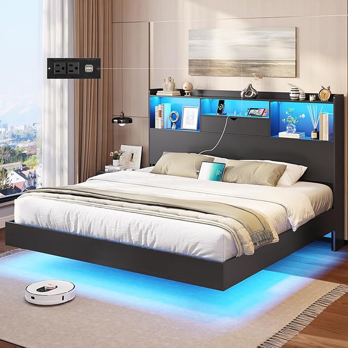 DICTAC King Floating Bed Frame with LED Lights and Storage Headboard, Visual Floating Bed with Charing Station, King Size Metal Platform Bed with Stable Structure, No Box Spring Need, Easy Assembly