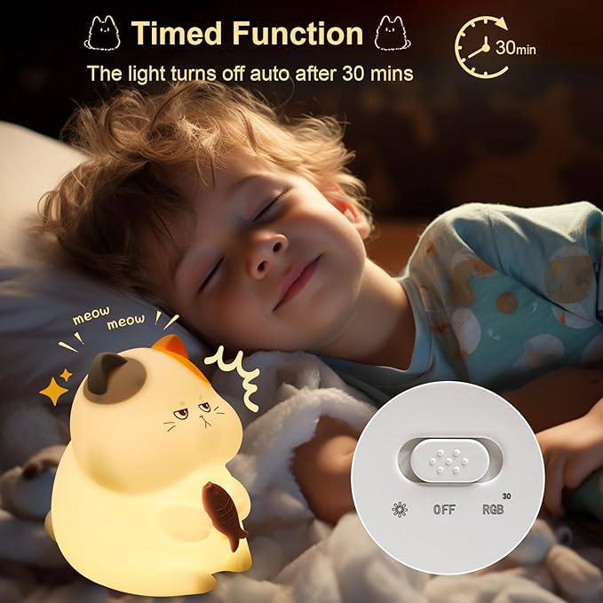 Greedy Cat Night Light for Kids, 3 Levels Dimmable Cute Kitty Nursery Nightlight with Touch Color Change, Squishy Silicone Rechargeable Bedside Lamp for Baby/Pregnant Mom/Elderly/Adults