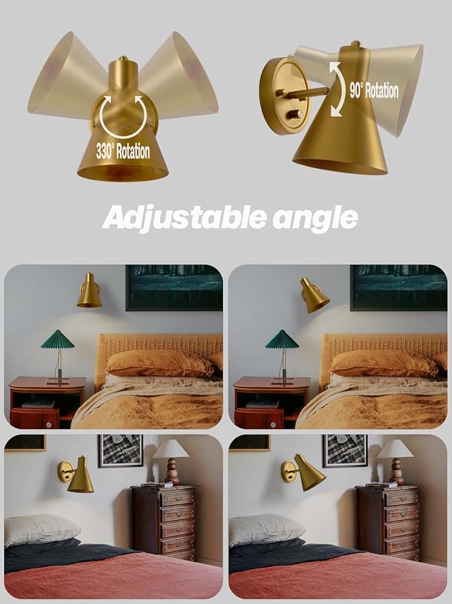 Gold Wall Sconces Set of Two, Brass Wall Sconce with Dimmable Switch Modern Bathroom Vanity Light with Metal Lampshade Adjustable Bedside Sconce Light for Bedroom Living Room Hardwired