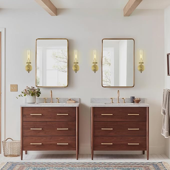Brass knurled Wall Sconces Set of Two, 14" Sconces Wall Lighting Indoors, Gold Bathroom Vanity Wall Sconces, Wall Lights for Living Room Bedroom Hallway Kitchen Bathroom Mirror Including Bulb