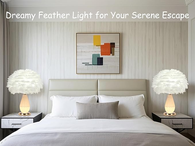 Feather Table Lamp with Cracked Ice Glass Bottle & Gold Base, 2 Separate Lights with Independent On/Off Control, 3-Color Mode Bedside Office Lamp (White)