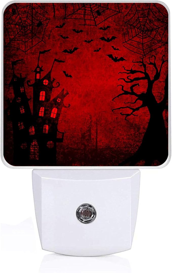 Halloween Night Light, Plug-into Red Black Red Black Bats Spider Ghost Nightlight White LED Lamp, Energy Efficient Decor Desk Lamp for Bedroom Hallway Stairs Bathroom