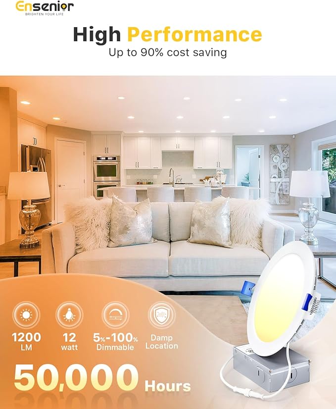 Ensenior 16 Pack 6 Inch LED Recessed Ceiling Light, Dimmable, 4000K Cool White, 1050LM 12W 120V, High Brightness Canless Wafer Downlight - ETL&FCC&IC