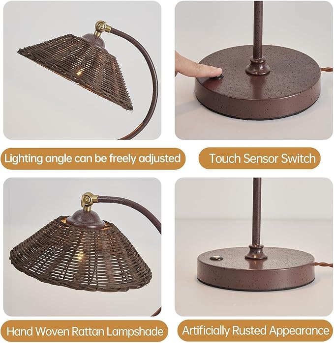 Woven Rattan Bedside Table Lamp Set of 2, Boho Plug in Handmade Rattan Shade & Anti-Rust Iron Base Desk Lamp, Plug & Play Vintage Dark Brown Nightstand Lamp for Living Room,Office【Bulb Included】