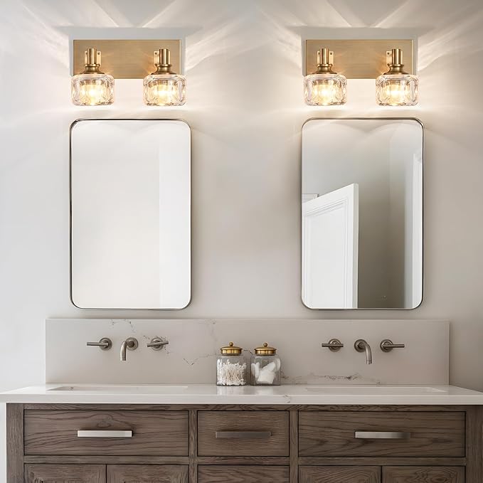 Bathroom Vanity Light Over Mirror 13.4" Vintage Crystal Glass Vanity Light 2 Lights Brass Antique Bathroom Light Fixtures(7.7 pounds