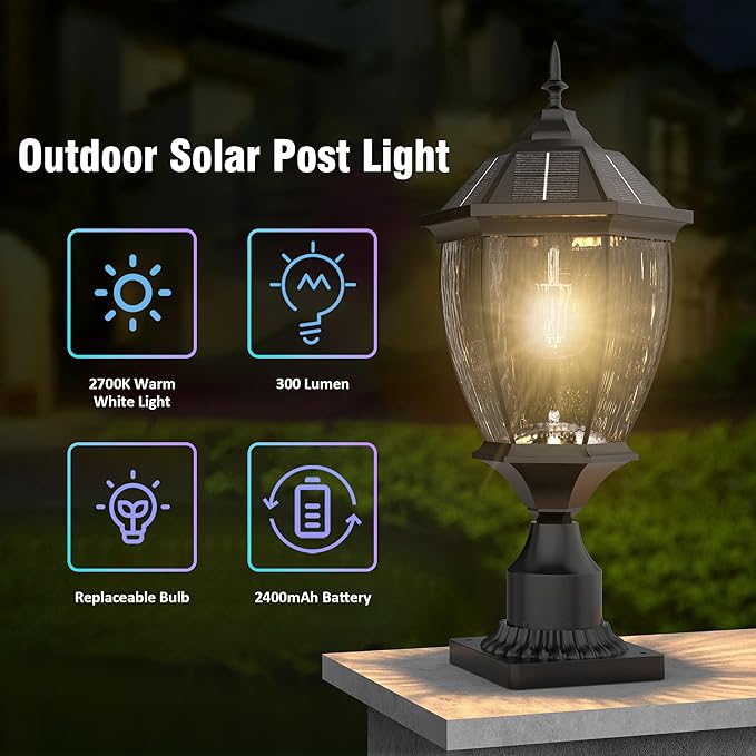 Solar Lamp Post Lights Outdoor Waterproof with Pier Mount Base, 20" H Large Aluminum Outside Solar Lights for Yard, Dusk to Dawn Outdoor Column Lights for Garden, Pathway, Patio(2 Pack)
