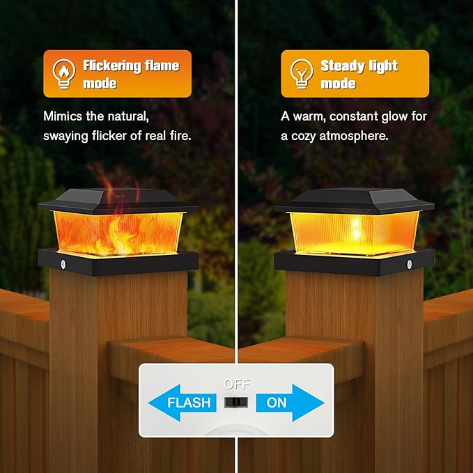 NIORSUN Solar Flame Post Cap Lights Outdoor Waterproof, 4x4 Post Solar Lights with Flickering Flame LED, Fence Posts Solars Light for Deck Patio Garden, 4x4 Posts Caps Wood Vinyl, 12 Pack (Black)
