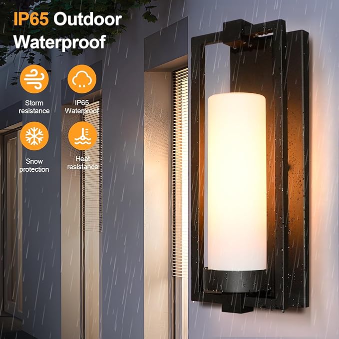 ALVIME Modern Black Outdoor Wall Light Fixtures, 15 Inch 2 Pack Outdoor Wall Sconce for House, Waterproof Exterior Lighting Fixtures for Garage, Doorway, Porch, Patio, E26 Base&Etched Opal Glass