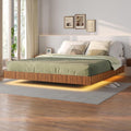 Tatub Walnut King Floating Bed Frame with LED Lights, Fluted Mid Century Modern Floating Platform Bed with Heavy Duty Metal Slats, No Box Spring Needed