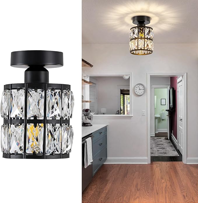 Black Hallway Light Fixtures, Modern Semi Flush Mount Ceiling Light, 1-Light Crystal Chandelier for Bedroom, Hallway Light Fixture Ceiling Mount for Kitchen, Entryway