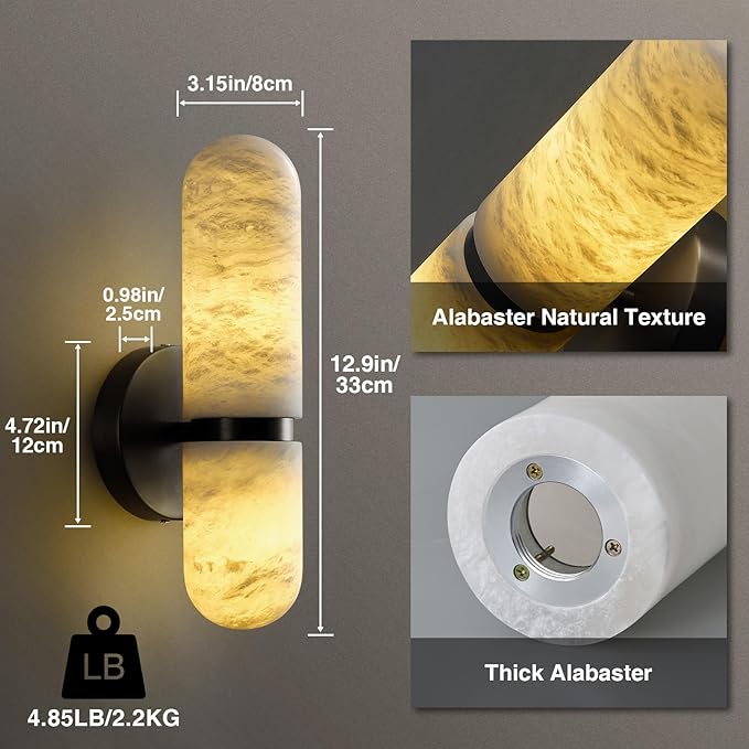 Alabaster Wall Sconces, 13" Black Wall Sconce, Modern Bathroom Sconces Lighting, Black Spanish Natural Marble Sconce for Living Room, Bedroom, Stairs, Hallway