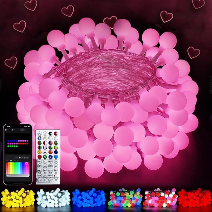 2026 New 46ft Smart Color Changing Pink Valentine Lights Indoor | 100 LED RGB Globe String Lights App Control with Remote & Timer | Fairy Light Plug in Waterproof Valentines Day Decor Girl's Bedroom