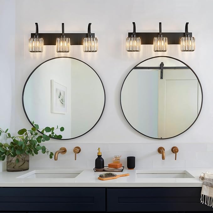 Crystal Vanity Lights 3-Light Black Bathroom Vanity Lights Modern Crystal Bathroom Light Fixtures Over Mirror 23.62" Long Vanity Light for Bathroom