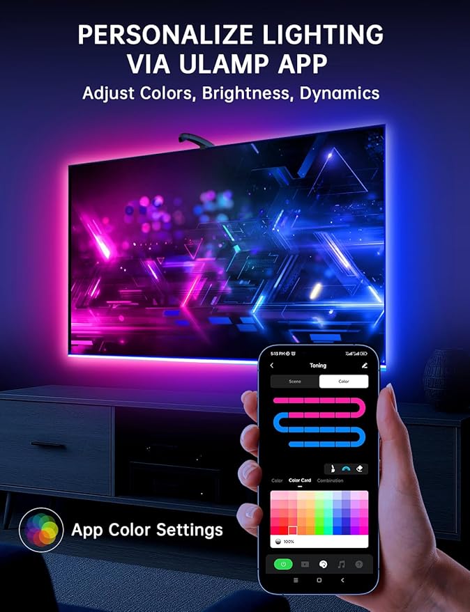 TV LED Backlight with Sensor, 14.7ft Cuttable RGB Strip Lights for 55-65 Inch Screen & PC Monitor, Smart App Control, Game and Music Sync Color That Changing
