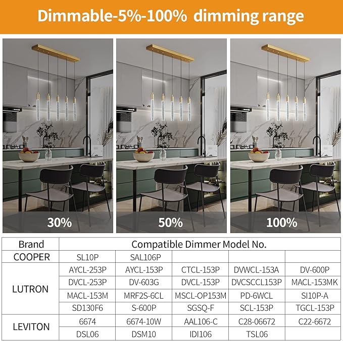 Kitchen Island Lighting Modern Light Fixture Gold Pendant Light Dimmable LED Brass Finish Mini Crystal Pendant Lights for Dining Room Living Room（5-Light）