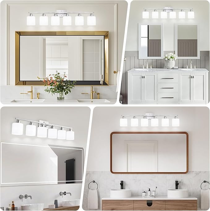 Brushed Nickel Vanity Light for Large Mirror, 6 Light Bathroom Lighting Fixtures Over Mirror with Milky White Frosted Glass Shades, 38 inch Bathroom Light for Mirrors, E26 Socket
