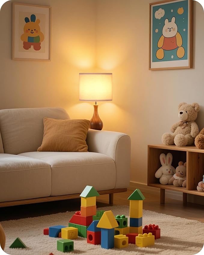 Small Table Lamp, Wood Desk Lamp with White Linen Lampshade & Dark Wood Bottle-Shaped Base, Modern Bedside Lamp with Cable, E26 Base, Bulb Not Included, for Bedroom, Kid's Room LW09TL05