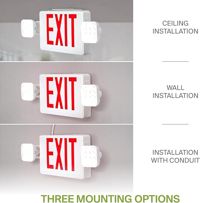ASD LED Exit Sign with Battery Backup & Square Rotatable Heads - 120-277V UL 2.2W Double Face Emergency Exit Light for Business, Commercial Damp Location Power Outage Lights, Red