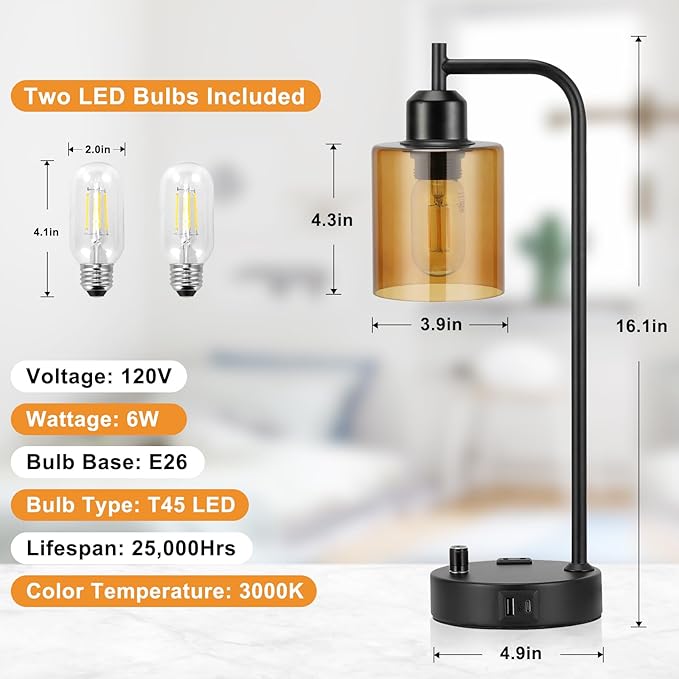 Industrial Bedside Lamps for Nightstand Set of 2 - Fully Dimmable Bedroom Lamps with USB A C Ports and Outlet, Black Table Lamps with Amber Glass Shade for Living Room, Desk Lamps for Office Reading