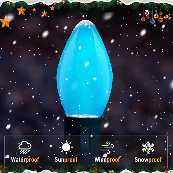 Christmas Replacement Light Bulbs, C7 Blue Ceramic Christmas Light for Xmas Holiday Festival Party Decoration Porch Home Lighting Chandelier, 5 Watt Night Light Bulbs, 25 Pack-E12 Candelabra Base