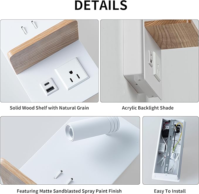 Swing LED Wall Sconce Plug in Cord for Bedroom, Modern 3-Light Wall Light Fixture with Shelf, Charging Port and Scoket for Living Room Reading Bedside, Modern Night Light Wall Decor, White