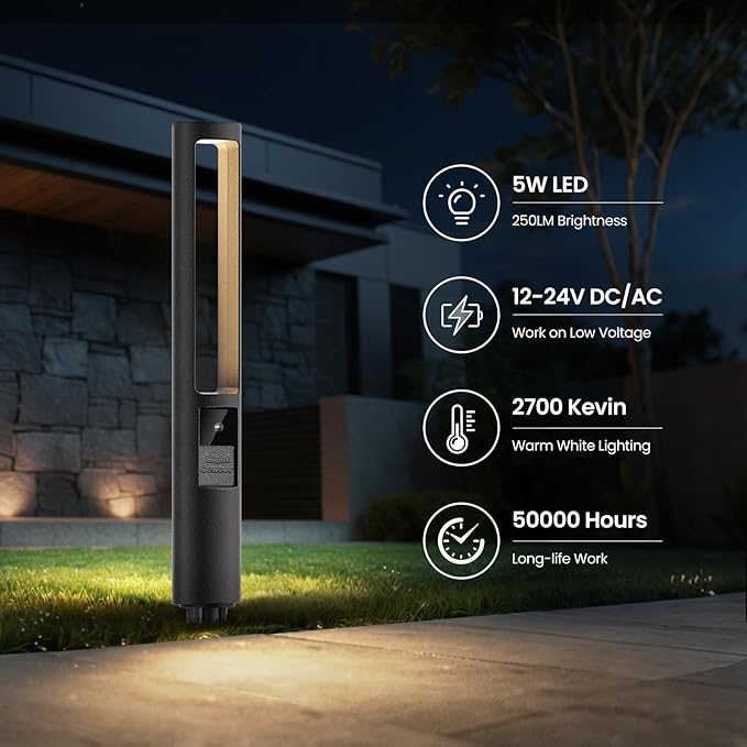Low Voltage LED Landscape Lights Kit, 5W Auto Sensor Pathway Lights, Outdoor Driveway Garden Lighting with 100W Transformer and Connectors, Aluminum, 12-24V AC/DC, IP66, 2700K, 12 Pack