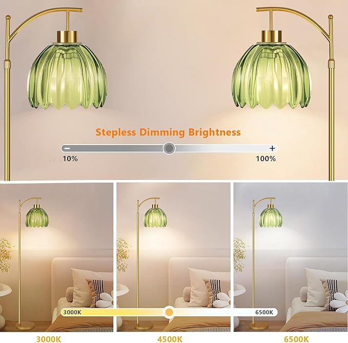 Green Floor Lamp for Living Room,Bedroom,Gold Dimmable Standing Lamp with Remote,Mid Century Modern Brass Tall Lamp Boho Floor Lamps Arc Stained Glass Flower Light Bohemian