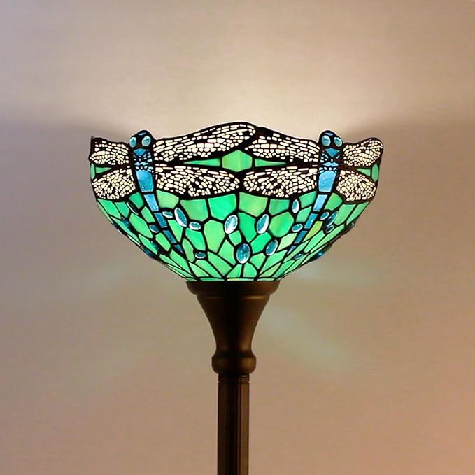 Tiffany Floor Lamp Torchiere Stained Glass Torch Lamp 12X12X67 Inch Antique Standing Corner Light (Green Dragonfly)