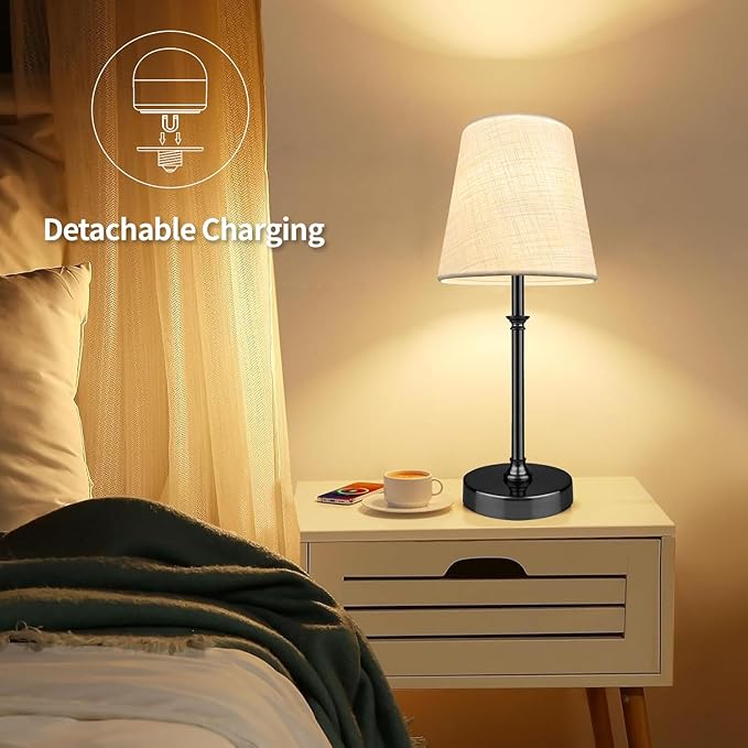 BLUEYE Rechargeable Table Lamps,Remote Control,5200mAh,2700K-6000K,No Flicker,Replaceable Bulb,450Lumens,40W Equivalent,Detachable Charging,3 Timers,White Shade,Cordless for Restaurant,1Pack,Black