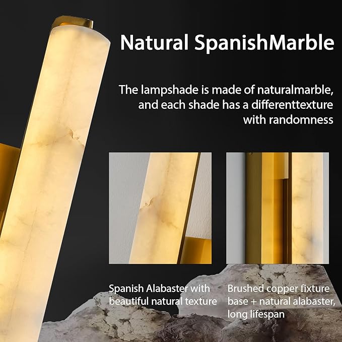 Alabaster Wall Sconces, 15in Brass Alabaster Sconce, Modern Spanish Natural Marble Sconces Lights, Rectangle Gold Sconces for Bathroom Vanity Bedroom Living Room Staircases Hallway