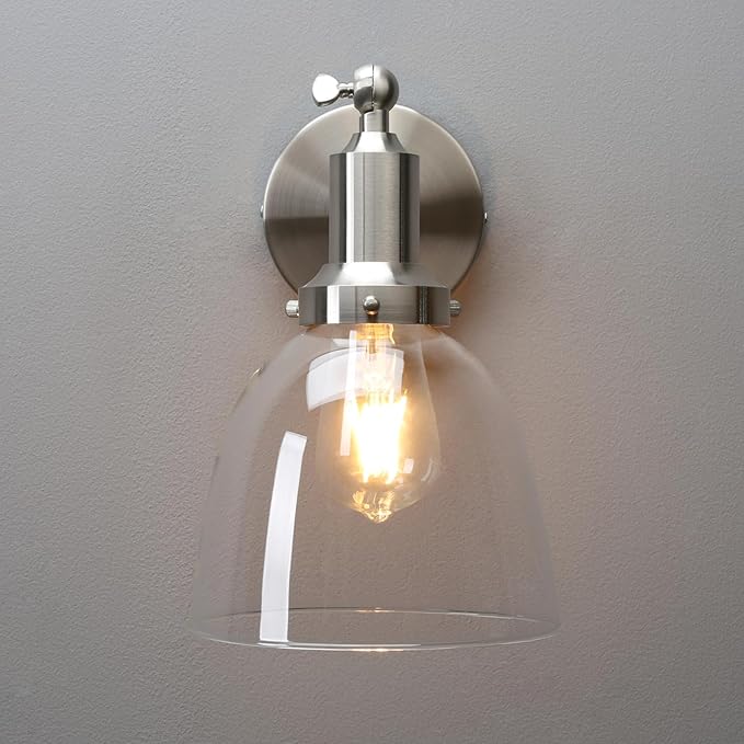 PERMO Industrial Vintage Slope Pole Wall Mount Single Sconce with 6.7" Oval Dome Clear Glass Shade Wall Sconce Light Lamp Fixture (Brushed Nickel)