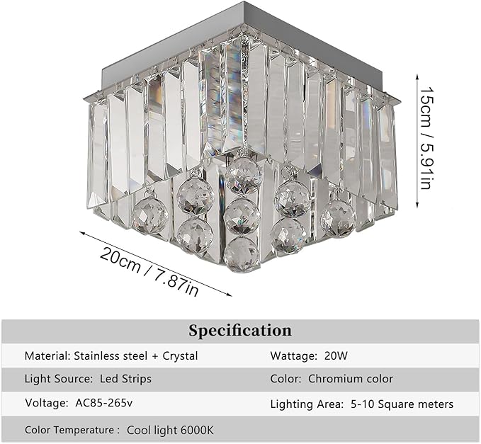 Crystal LED Ceiling Light Chandelier, Modern Semi Flush Mount Lighting Fixture Ceiling Lamp for Living Room, Dining Room, Bedroom, Kitchen Island, Entryway (7.87“ * 5.9” Square White Light)