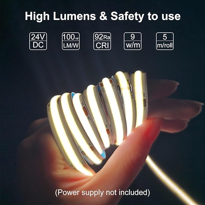COB LED Strip Lights Warm White 3000K, DC24v 16.4ft/5m High CRI 92Ra+ Flexible LED Tape Lighting DIY Cuttable for Bedroom Kitchen Cabinet Shelf (Power Supply&Dimmer Not Included)