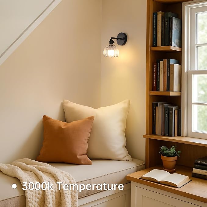 Vintage Battery Operated Wall Sconce with Cute Transparent Tulip Glass Lampshade Wireless Rechargeable Battery Powered Black Wall Light with Remote Control for Bedside Bedroom Doorway