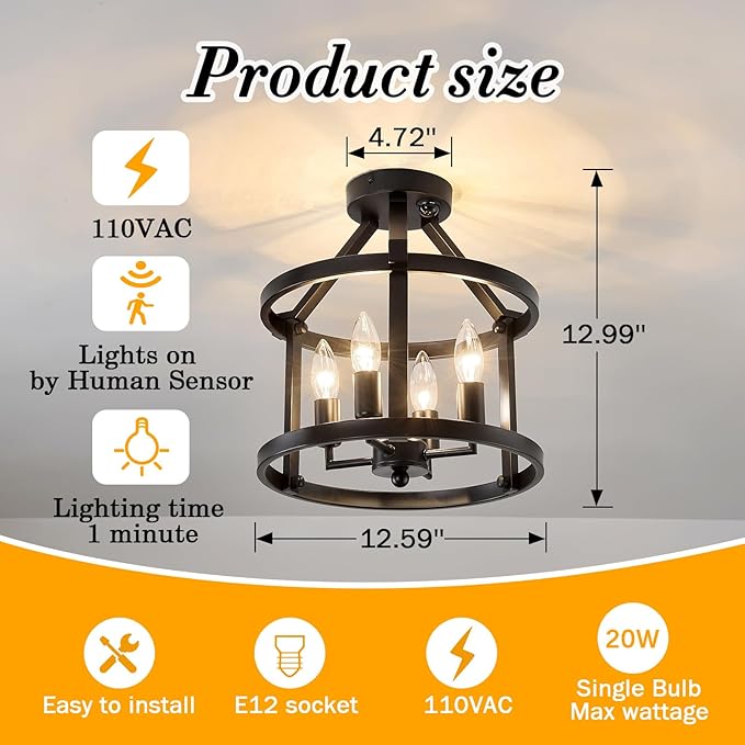 UOFUS Indoor Motion Sensor Ceiling Light Fixture Black Semi Flush Mount Chandelier Overhead Light Fixture for Entryway Hallway Porch Stairwell Garage