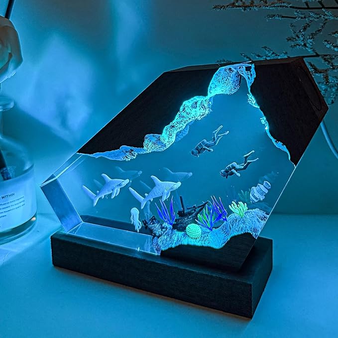 Hammerhead Shark Ocean Resin Lamp, Handmade Resin Night Light for Home Office Decor, Multi-Color LED Light with USB Port, Shark Gifts for Birthday Holiday, Valentine's Day Gifts for Him Her (10"x6")